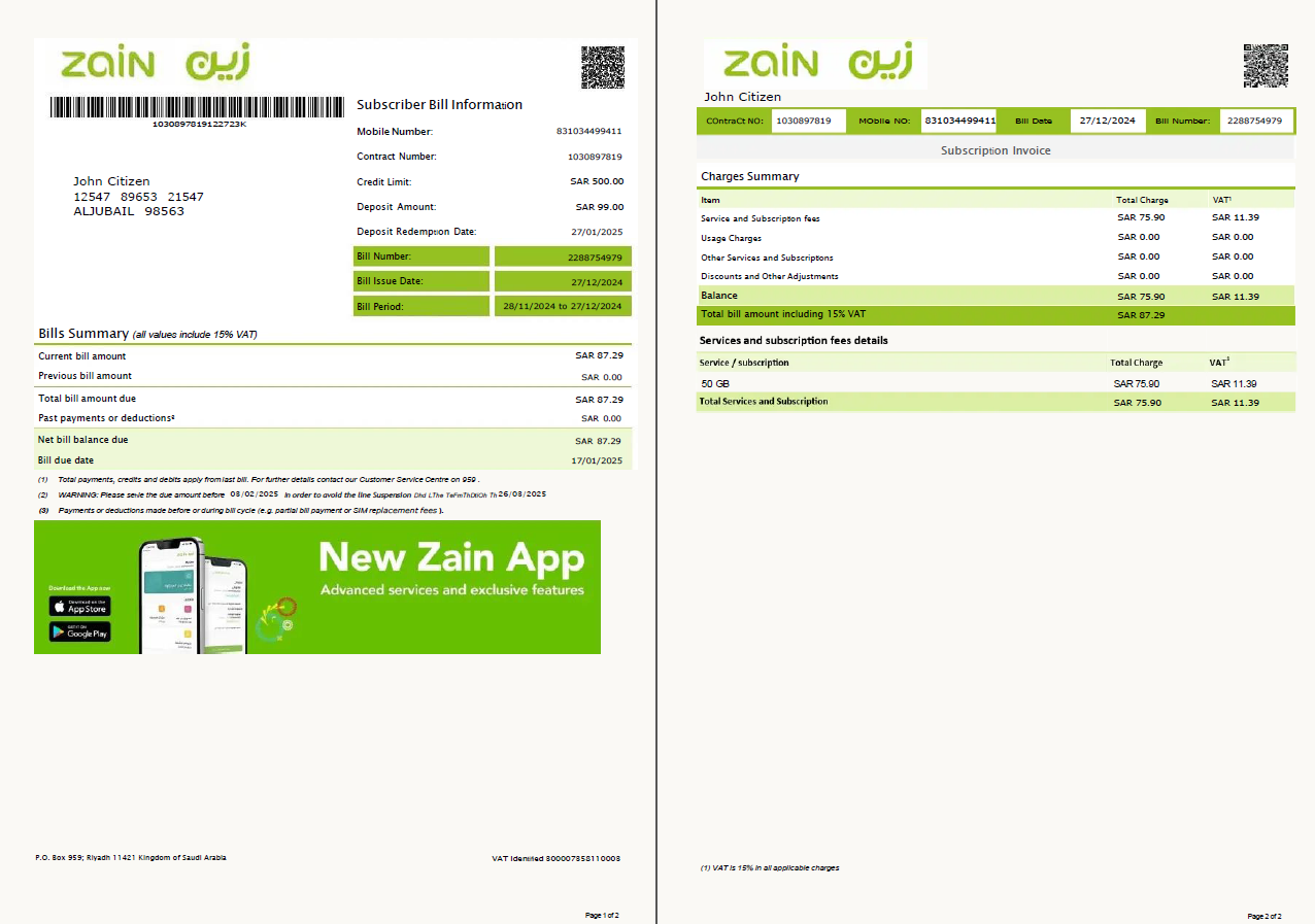 Saudi Arabia Zain utility bill template in Word and PDF formats, 2 pages, version 2